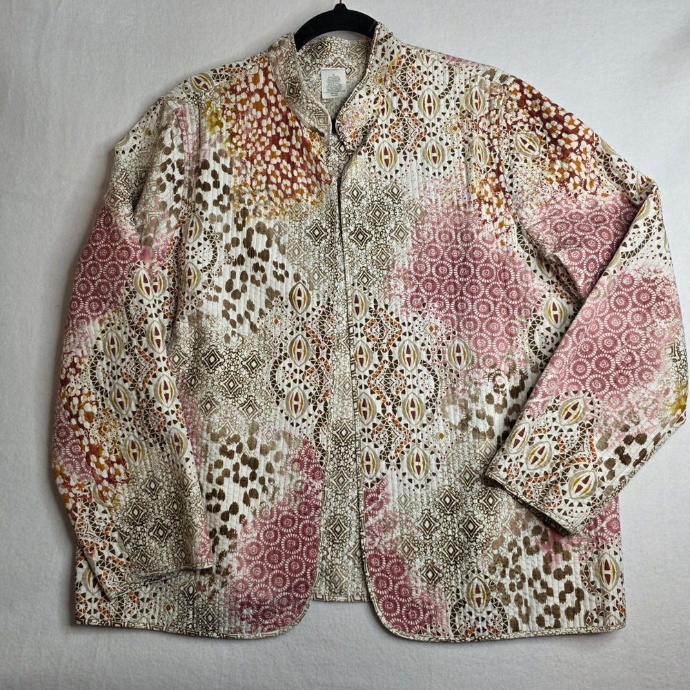 Alfred Dunner Quilted Patchwork Jacket Pink Brown Geometric Print Size 18